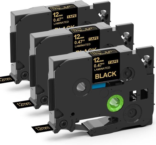 3x TZ-334 12mm Ruban laminés Compatible avec Brother P-Touch TZe-334 12mm x 8m 0,47 étiquettes Or sur Noir Pour PT-H100LB H105 H107B H110 H200 H101TB P300BT Cube D200BW D210 D400