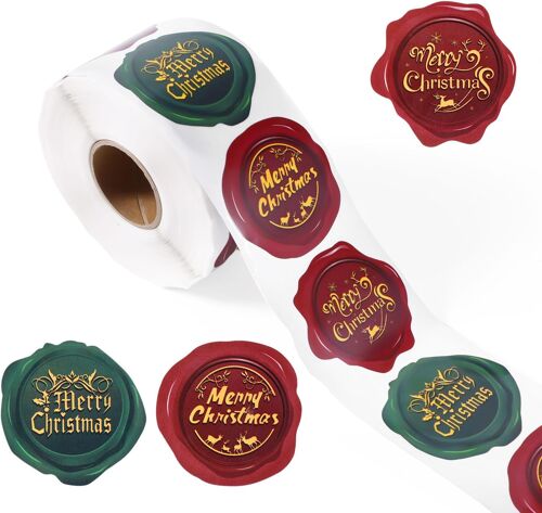 500 Pièces Rouleau d'Autocollants de Noël, 3,8cm Ronds Autocollants Joyeux Noël Forme de Tampon Adhésif Étiquettes Autocollantes pour Enveloppe Cartes Étiquettes Cadeaux Sceau Décoration