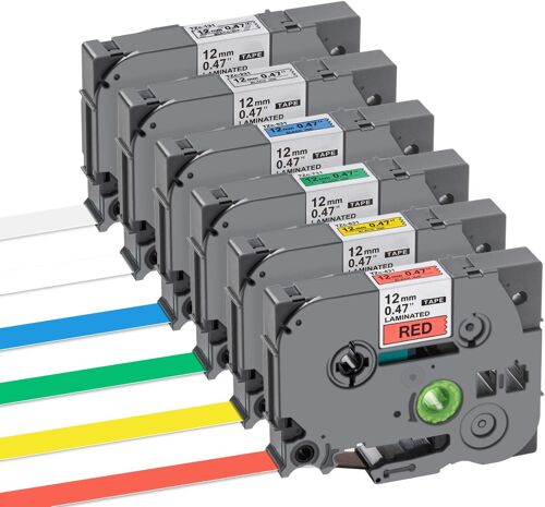 6X Ruban Compatible pour Brother P-Touch TZe-131/231/431/531/631/731 12mm x 8m Lot Multicolore (Noir/Blanc/Rouge/Bleu/Jaune/Vert), Étiquettes Résistantes pour PT-H105, H110, D200, D400