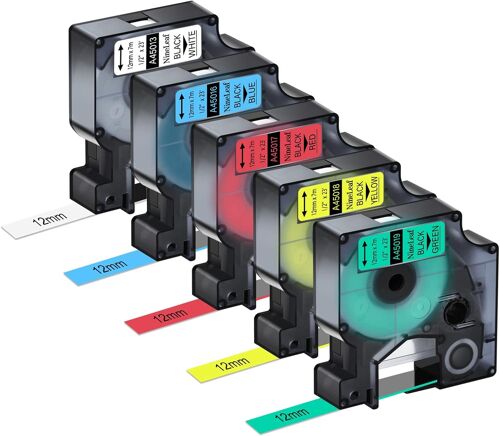 Lot de 5 rubans encreurs 45013 45016 45017 45018 45019 compatibles avec D1 100 160 210D 360D 420P 450D PnP LW 450 Duo Noir sur blanc, jaune, rouge, vert, bleu 12 mm x 7 m
