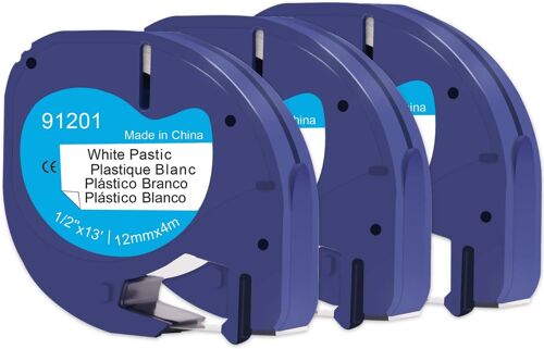 Lot de 3 rubans d'étiquettes compatibles 91201 S0721660 12 mm x 4 m noir sur blanc pour imprimante d'étiquettes Dymo LT LT-100T, LT-100H