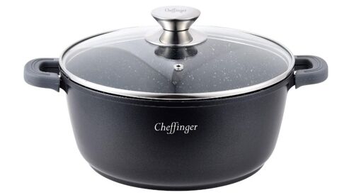 Cheffinger Marmite Induction Ø 40 Cm 18 L En Fonte D Aluminium Revêtement Marbre Antiadhésif Avec Couvercle Verre Noir