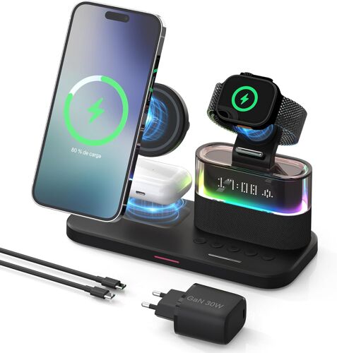Station de Charge sans Fil 3 en 1 pour iPhone 17/16/15/14/13/12/11 Pro/Max, Montre et Earbuds, Chargeur Induction Magn¿¿tique Qi2 avec R¿¿veil et Lumi¿¿re RVB, avec Adaptateur QC 3.0