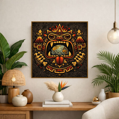 Art Mural Aztèque Colorée - La Terre Vivante, Force Primordiale Et Matière Sacrée De La Mythologie Aztèque, Terre Nourricière - Affiche Murale Prête À Être Encadrée - Taille : 70x70 Cm