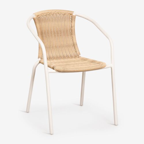 Pack de 2 chaises de salle à manger empilables avec accoudoirs en acier et rotin synthétique Kalymana Blanco Gardenia - Naturel
