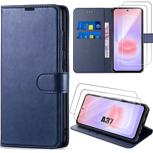 Coque + 2 Verres Trempés pour Samsung Galaxy A37 5G, Protection Anti-Rayures Synthécuir Bleu Marine - E.F.Connection
