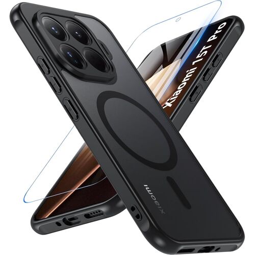 JGD-Magnétique Coque pour Xiaomi 15T Pro, Compatible avec MagSafe avec Verre Trempé, Mat Translucide PC Dur Housse Arrière, Antichoc Anti-Rayures Mince Case Protection pour Xiaomi 15T Pro, Noir