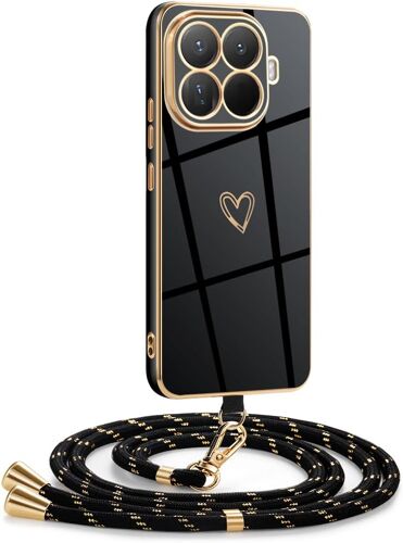 KALANKA-Coque pour Xiaomi 15T Pro avec Cordon, Coque avec Collier Motif Coeur d'amour Silicone Galvanisé Housse, Réglable Amovible de Cordon Case pour Xiaomi 15T Pro, Or Noir