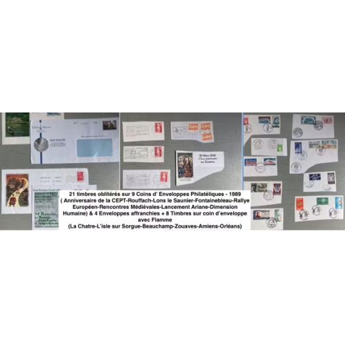 21 Timbres Oblitérés Sur 9 Coins D¿ Enveloppes Philatéliques - 1989 ( Anniversaire De La Cept-Rouffach-Lons Le Saunier-Fontainebleau-Rallye Européen-Rencontres Médiévales-Lancement Ariane-Dimension