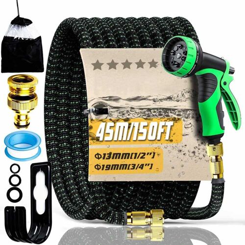 Ulteronixshop-Tuyau d'arrosage 45M/150FT, Tuyau Arrosage Extensible avec Connecteurs 1/2"" et 3/4"", Anti-pliage et Anti-fuite, Buse de Pulvérisation 10 Fonctions pour l'arrosage du Jardin, le Lavage