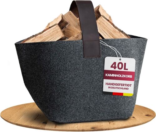 Ulteronixshop-Panier à bois de cheminée en feutre Designer 40L - Fabriqué en Allemagne Panier à bois de chauffage en feutre de laine avec poignée en cuir véritable - Panier à bois de feu stable et ro