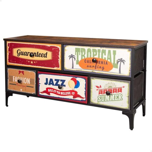 Ulteronixshop-Max Home Commode de Chambre à Coucher Polyvalente, Graphisme Rétro et Vintage, 5 Tiroirs en Tissu Léger, 103X30X56 cm, Structure en Acier, Dessus en Bois, Tables de Chevet