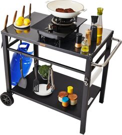 Ulteronixshop-Desserte Plancha à 2 Niveaux Chariot de Barbecue avec Grand Plan de Travail Table de Barbecue sur roulettes pour Four à Pizza Préparation de Cuisine BBQ Jardin Patio Extérieur 85 x 55 x