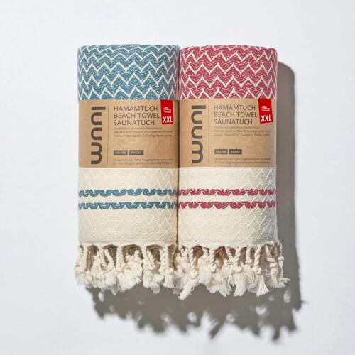 Ulteronixshop-Lot de 2 serviettes de sauna, de hammam, de plage, de pique-nique, de voyage, de sauna, en coton de qualité supérieure, compactes, légères, séchage rapide, pétrole/rouge, 90 x 180 cm
