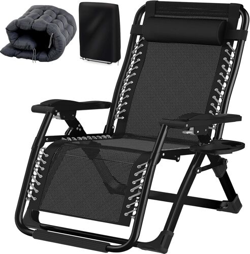 Ulteronixshop-83cm Ultra-Large Transat Jardin Exterieur Avec Coussin Rembourré, Appuie-Tête, Porte-Gobelet, Bain De Soleil, Chaise Longue Pliante Avec Dossier Réglable Pour Jardin,Balcon,Plage,Noir