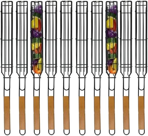 Ulteronixshop-Panier À Griller Paniers À Brochettes Simples Antiadhésifs Barbecue À Poignée En Bois Anti-Corrosion Pour Poisson Rôti Légumes Crevettes Fruits De Mer 10 Pièces