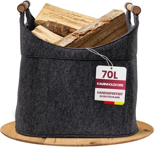 Ulteronixshop-Panier à bois en feutre pour bois de cheminée - Grand format - 70 l - Avec poignées en bois véritable (chêne) - Fond facile à nettoyer - Fabriqué en Allemagne - Panier à bois de cheminé