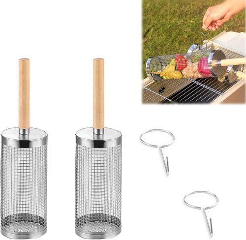 Ulteronixshop-Grill Roulant 2 Pièces avec Poignée Amovible - Panier de Cuisson en Acier Inoxydable 304 pour Légumes, Viande, Barbecue - Idée Cadeau Anniversaire Homme et Papa