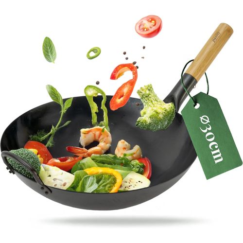 Ulteronixshop-wok | PRÉ-CULOTTÉ | fond rond | Pour la cuisinière à gaz ou le grill | 30 cm de diamètre | wok traditionnel en acier au carbone martelé à la main | couche antiadhésive naturelle