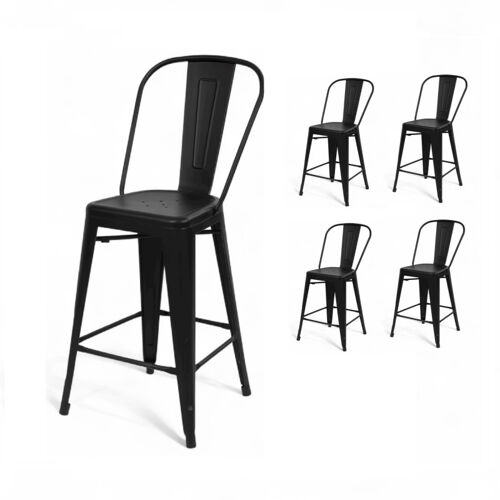 Lot de 4 chaises de bar KOSMI en métal noir mat avec dossier ¿ hauteur 66 cm ¿ design industriel et confort moderne