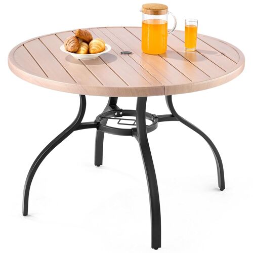 Ulteronixshop-Table À Manger Pour Patio Extérieur 1035 Mm, Table De Bistrot Ronde En Acier Imitation Bois Pour 4 Personnes, Trou Pour Parasol De 38 Mm, Grand Meuble Toutes Saisons Pour Jardin, Vérand