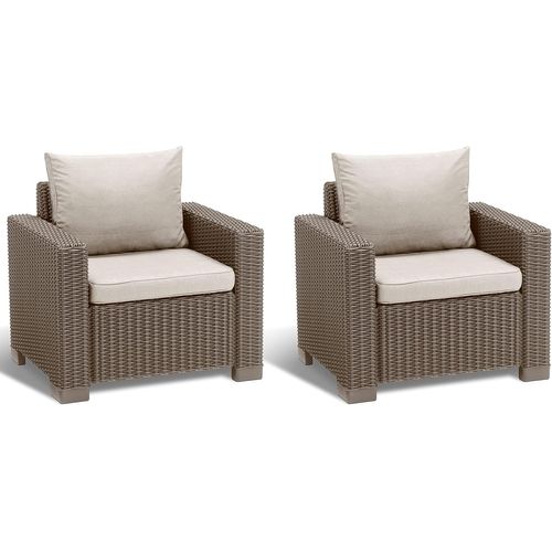 Ulteronixshop-Allibert By California Lot De 2 Fauteuils Salon De Jardin Avec Coussins D'assise Et De Dossier, En Plastique, Aspect Rotin, Couleur Cappuccino/Sable, 83 X 68 X 72 Cm