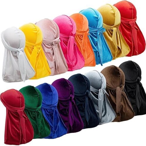 Ulteronixshop-Lot De 16 Durags En Velours Pour Hommes ¿ Bandanas À Longue Queue Avec Larges Liens, Bonnets Satinés Unisexes Pour Vagues 360, Usage Quotidien Ou Déguisement ¿ 16 Couleurs