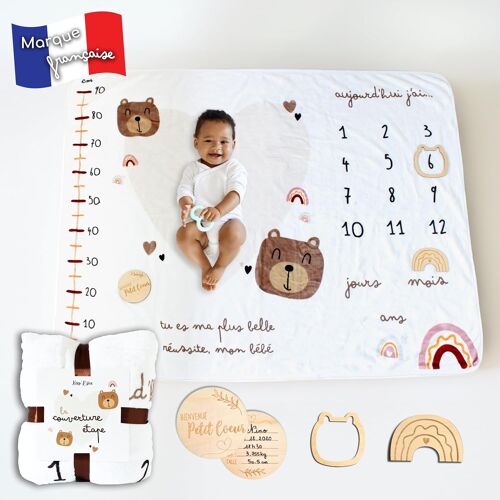Ulteronixshop-Couverture Étape Bébé - Tapis Mois Bebe En Français - Tapis Photo Bebe Mois - Cadeau Naissance Fille Garçon - Baby Shower - Future Maman - Toise Imprimée Accessoires Inclus (Modèle Ours