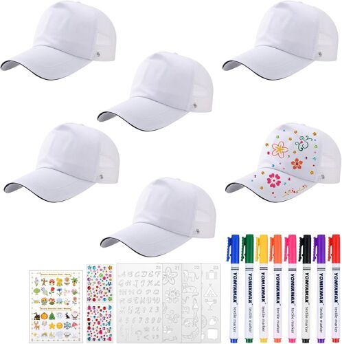 Ulteronixshop-6 Pièces DIY Casquette de Baseball à Peindre avec Maille Coton Blanc Casquettes Graffiti pour Enfants avec 8 Pinceaux Autocollants en Pierre Précieuse Boîte Cadeau pour Garçons et Fille