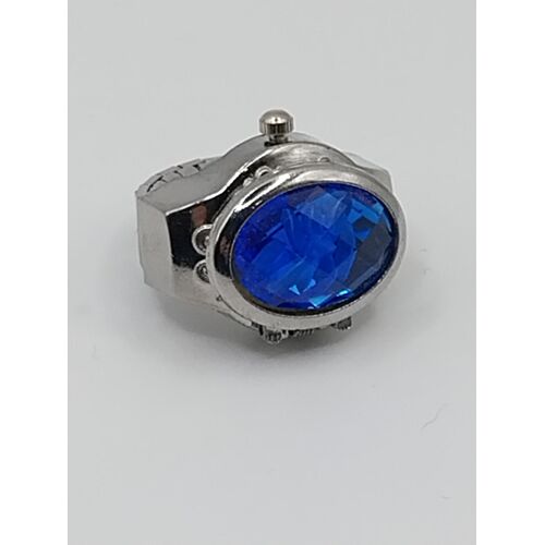 Bague Montre Metal Argenté , Cadrant Rond,Fond Blanc,Capot Grand Strass Bleu