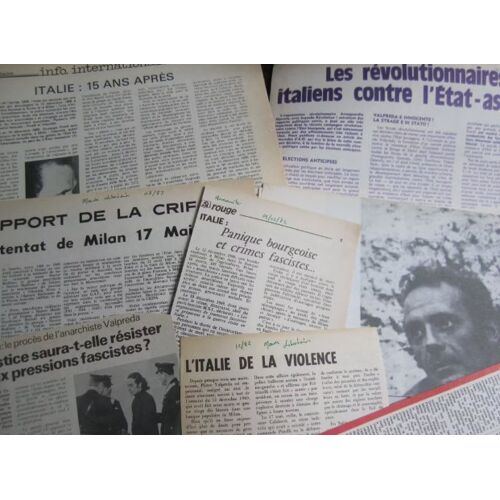 Dossier Composé De 13 Articles Parus Entre 1971 & 85 Sur L' Affaire Valpréda-Pinelli (Libération-Révolution !-Front Libertaire-Monde Libertaire-Humanité Rouge- Politique Hebdo-Nouvel Obs-Le Monde)