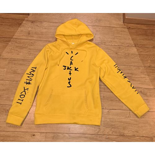Travis Scott Jack Cactus Sweat Logo Signature Manches Longues Pull Avec Capuche Haut De Jogging L Jaune Training Survêtement Grande Poche Centrale Taille Réglable En Coton