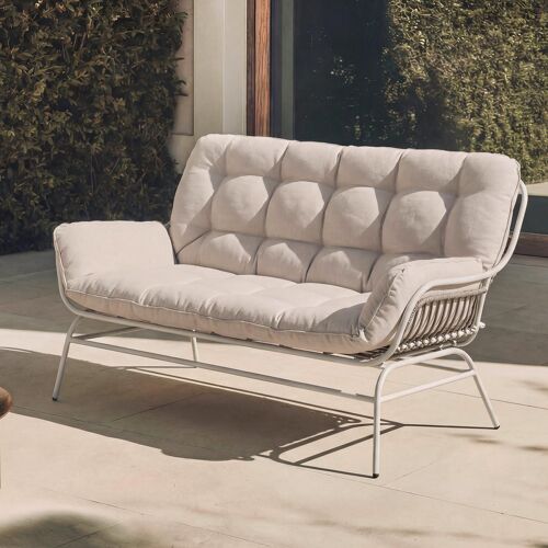 Canapé 2 Places Hwc-P75, Canapé De Jardin, Banc De Jardin, Canapé 2 Places, Tissu 220 G/M², Polyrotin, Métal   Gris Clair, Coussins Beiges
