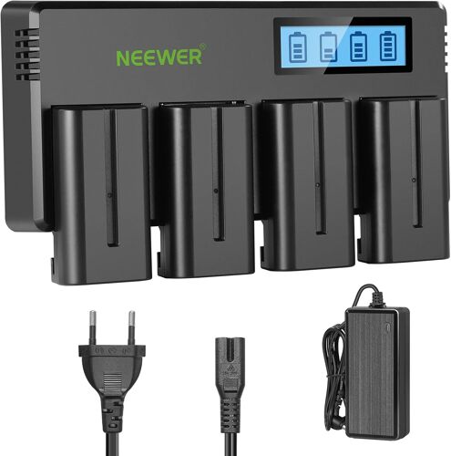 NEEWER Lot de 4 Batteries de Rechange 7 4V 2600mAh NP-F550 avec Chargeur Batterie 4 canaux & Adaptateur Secteur Compatible avec NP-F550/NP-F750/NP-F770/NP-F970 FM500H QM71D QM91D Moniteur de Terrain