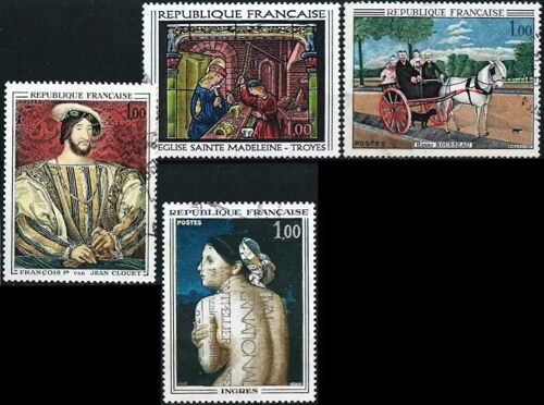 France 1967, Belle Série Complète Tableaux, Timbres Yvert 1517 Henri Rousseau, 1518 Jean Clouet, François 1er, 1530 Ingres, La Baigneuse, 1531 Vitrail De L'église Sainte Madeleine De Troyes, Obli. Tbe