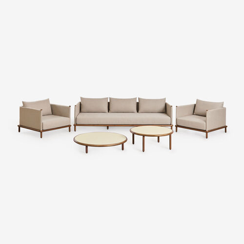 Ensemble de salon avec canapé 3 places, 2 fauteuils et 2 tables basses rondes en bois d'acacia Olivia Beige Semoline Brun Acacia foncé