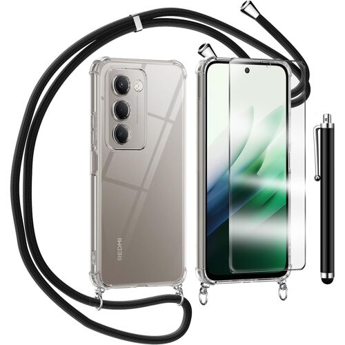 JGD-Coque pour Xiaomi Redmi 15 avec Verre Trempé Protection écran Cordon de Collier Réglable Chaîne Antichoc Transparente Silicone Lanyard Case, Housse Étui de Protection - Noir