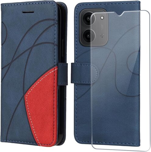 KALANKA-Coque pour Xiaomi Redmi 15C 4G/5G avec 1 Pièces Verre Trempé, Premium PU Cuir Multifonction à Rabat Flip Antichoc Protection Housse Étui pour Xiaomi Redmi 15C 15 C - Bleu