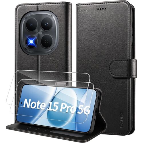 SUBZONAL-Coque pour Xiaomi Redmi Note 15 Pro 5G, Etui Coque avec 2 Verre Trempé Porte Carte Clapet à Rabat Portefeuille Cuir Pochette Case Housse Protection Flip Cover Étui,Noir