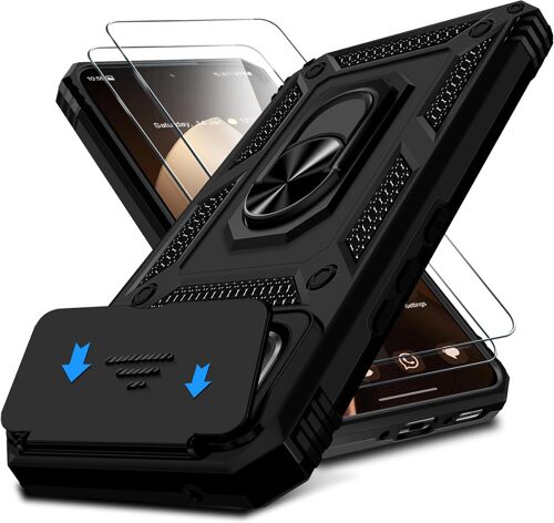 LORANKA-Coque pour Xiaomi 15T Pro 5G avec 2 Verre Trempé, Couvercle de l'appareil Photo Coulissant, 360° Anneau Support Antichoc Protection Militaire Housse Etui pour Xiaomi 15T Pro (Noir)