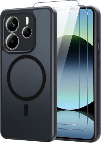 JGD-Magnétique Coque pour Redmi Note 14 avec 2 Verre Trempé, Compatible avec MagSafe, Etui Translucide Mat Arrière Housse Fine Antichoc Militaire Case pour Xiaomi Redmi Note 14 5G, Noir