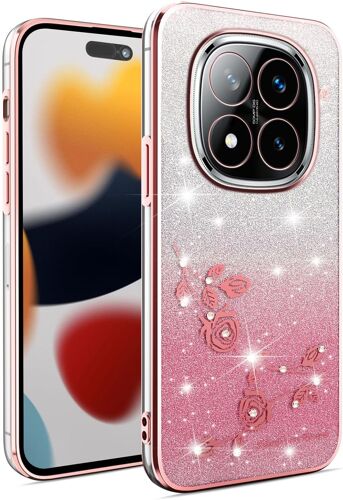LORANKA-Femme Coque pour Xiaomi Redmi Note 14 Pro+ Plus 5G, Étui Coloré Brillant avec Motif de Rose Élégant et Strass Exquises, Très Mince Doux Silicone TPU Bumper Antichoc Housse (Rose)