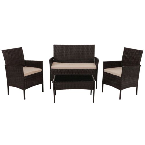 Salon De Jardin Ensemble Lounge 4 Places Avec Table En Verre En Résine Tressée Marron Et Coussins Crème 04_0009738