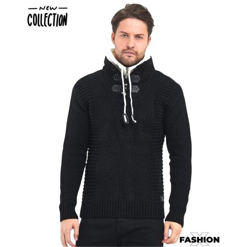 Pull Homme Manches Longues - Col Montant Contrasté De Couleur Noir