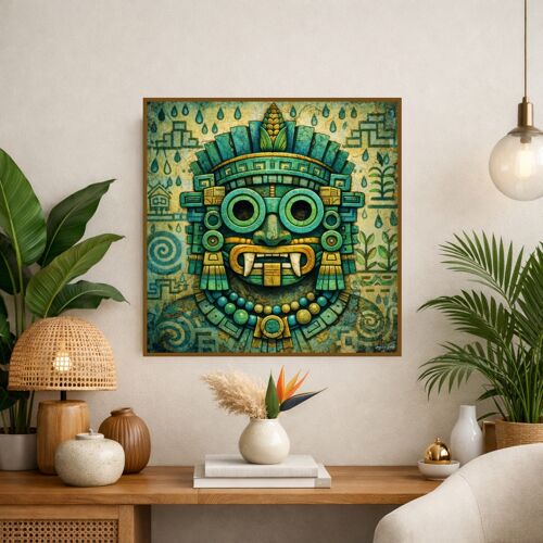 Art Mural Aztèque Tlaloc - Dieu De La Pluie Et De La Fertilité Masque Turquoise Sacré Aux Symboles Agricoles Nahuas -Décoration Murale Ethnique - Affiche Murale Hd Prête À Encadrer - Taille : 70x70 Cm