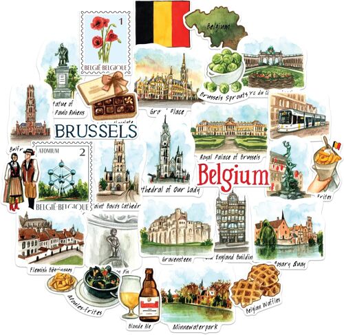 Acdsgd-Magnifiques Autocollants De Voyage En Belgique (28 Pcs) ¿ Découpés, Aquarelle, Décalcomanies De Vacances Sur Le Thème De Bruxelles Et De La Belgique Pour Scrapbooks, Journaux, Bouteilles