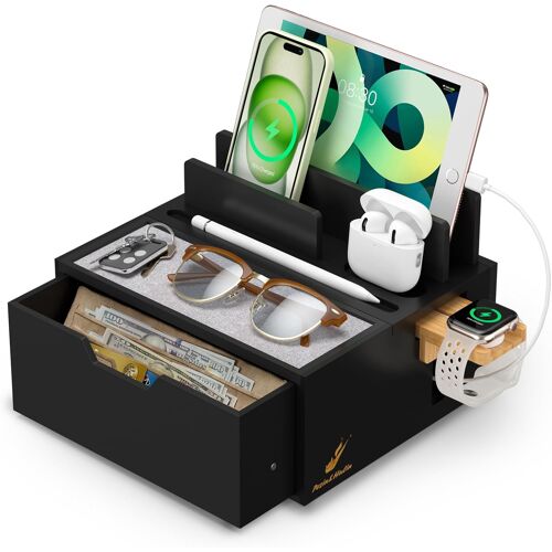 acdsgd-Station de charge en bambou pour plusieurs appareils avec support de montre, station d'accueil de téléphone avec plateau doublé et tiroir, compatible avec tablette, téléphone portable