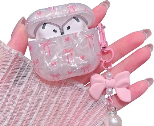 acdsgd-Coque de protection pour AirPods 4 - Motif coquille - Bracelet tendance avec porte-clés en forme de n?ud papillon - Housse de protection pour AirPods 4ème génération - Pour filles - Rose