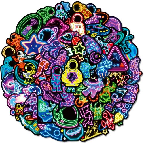 Acdsgd-Lot De 112 Autocollants Néon Astronautes Pour Enfants, Décoration D'ingénierie Spatiale, Dessins De Bande Dessinée, Adaptés Pour Valises, Skateboards, Cahiers, Ordinateurs Portables, Guitares, Tasses