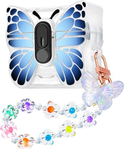 acdsgd-Housse Compatible Con AirPods 4 avec Pendentif & Support Téléphone Bureau & Verrou Sécurité, Coque avec Joli Motif de Papillon pour Femmes, Étui Protection en TPU Anti-Choc, Bleu-Noir Dégradé